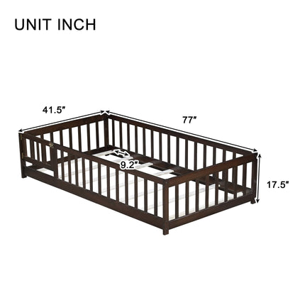 Twin Size Floor Bed with Fence and Door,Rubber Wood Floor Bed with Safety Guardrails,Espresso - 1st Choice Furniture Direct