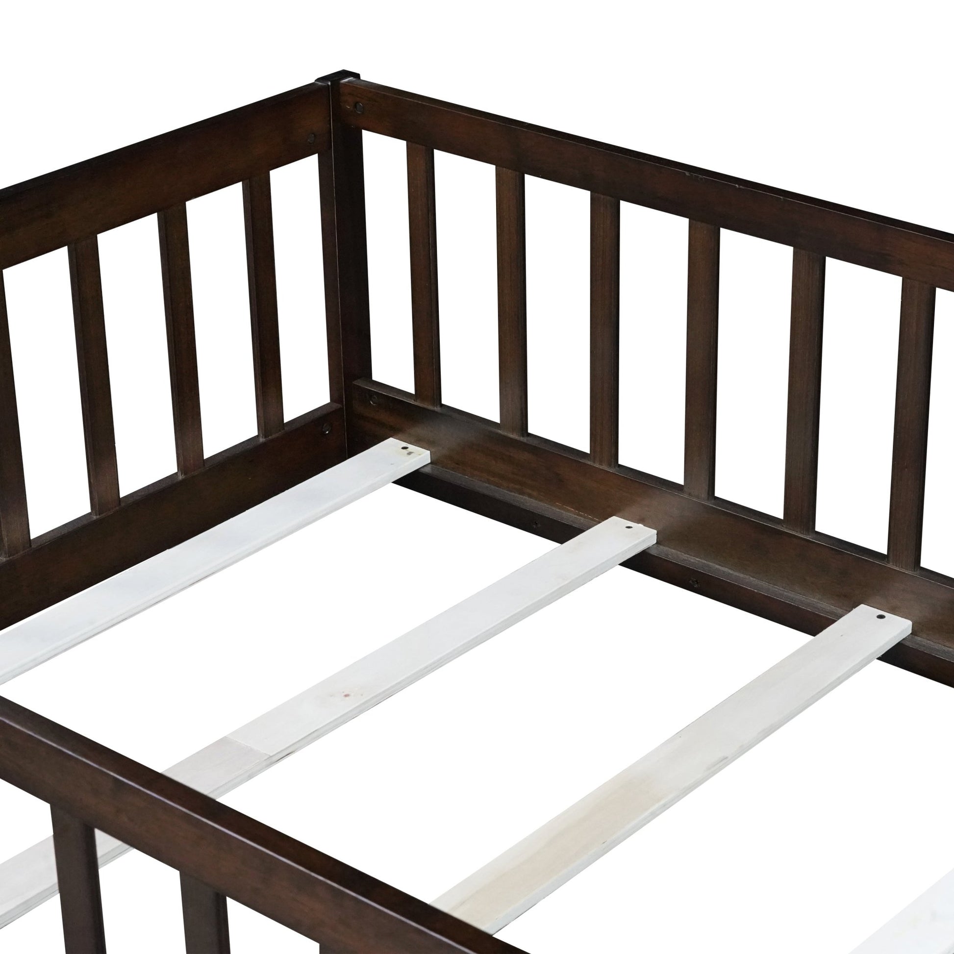 Twin Size Floor Bed with Fence and Door,Rubber Wood Floor Bed with Safety Guardrails,Espresso - 1st Choice Furniture Direct