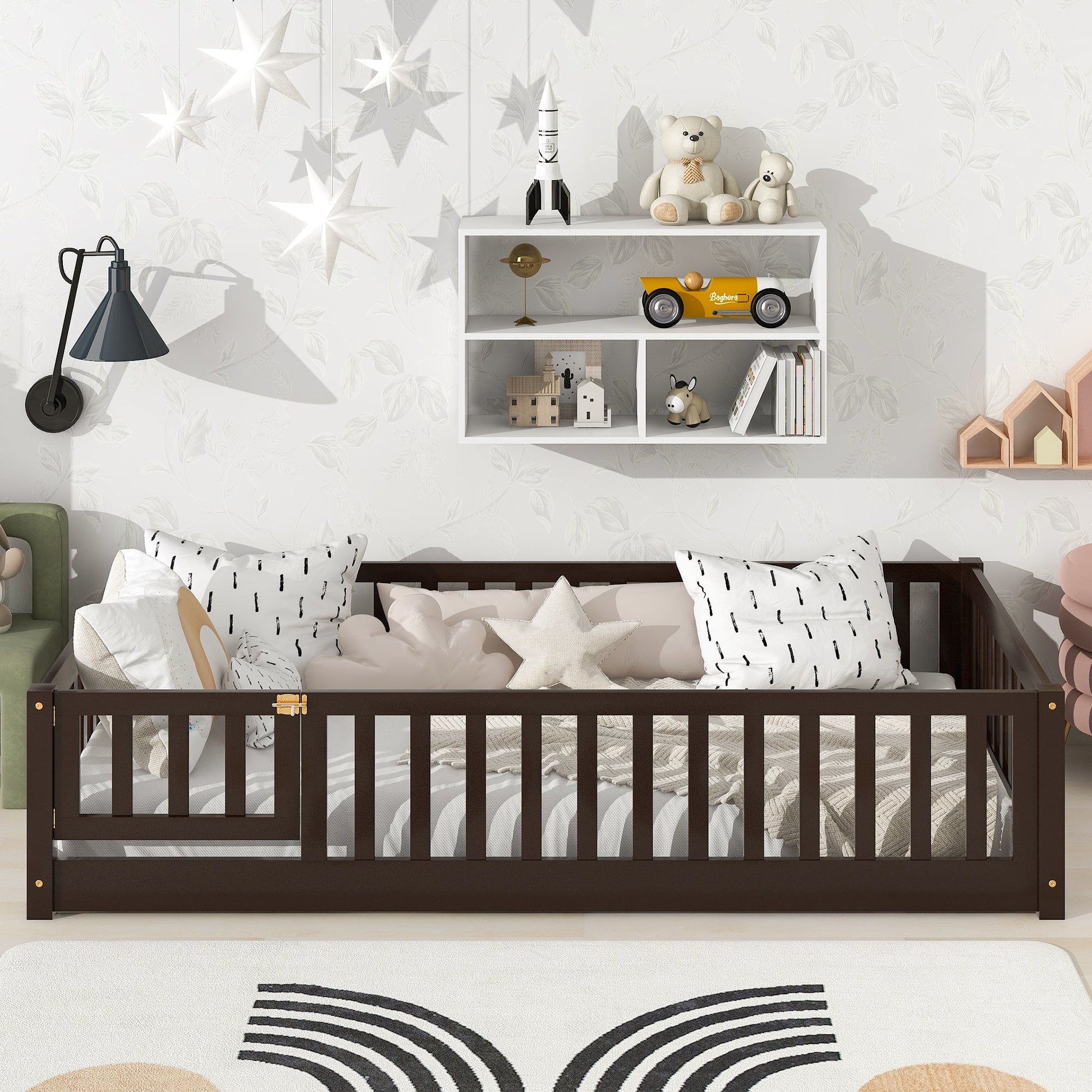 Twin Size Floor Bed with Fence and Door,Rubber Wood Floor Bed with Safety Guardrails,Espresso - 1st Choice Furniture Direct