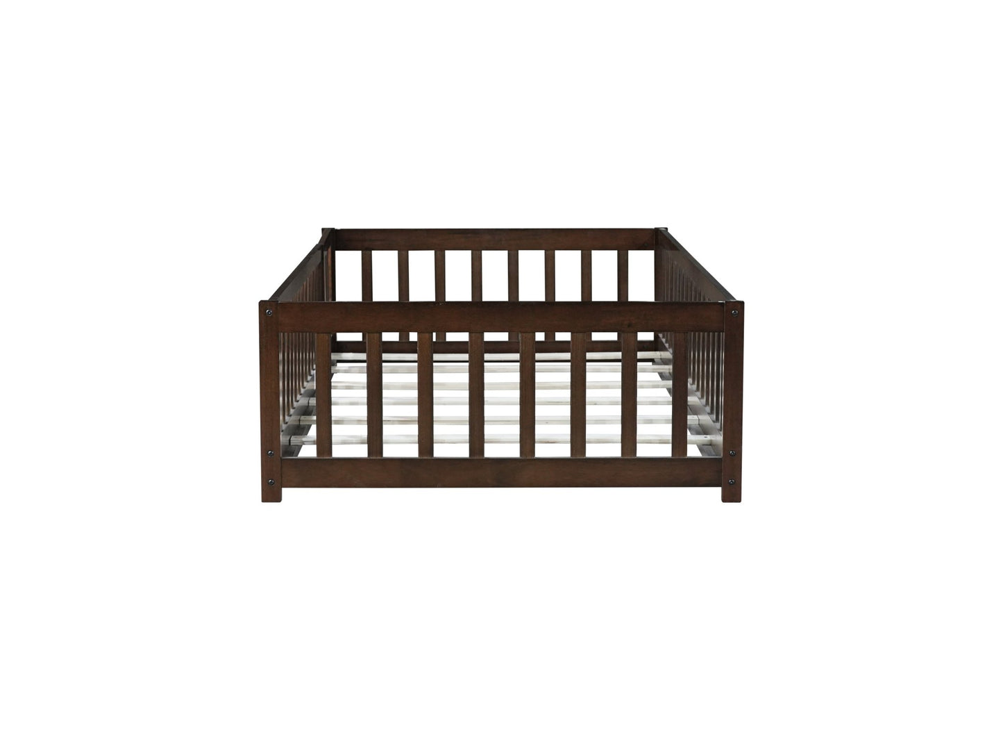 Twin Size Floor Bed with Fence and Door,Rubber Wood Floor Bed with Safety Guardrails,Espresso - 1st Choice Furniture Direct