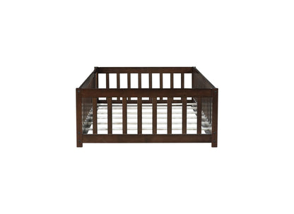 Twin Size Floor Bed with Fence and Door,Rubber Wood Floor Bed with Safety Guardrails,Espresso - 1st Choice Furniture Direct