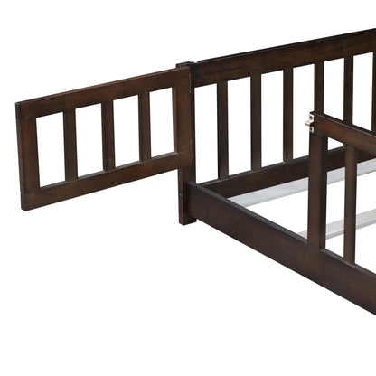 Twin Size Floor Bed with Fence and Door,Rubber Wood Floor Bed with Safety Guardrails,Espresso - 1st Choice Furniture Direct