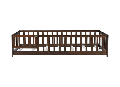 Twin Size Floor Bed with Fence and Door,Rubber Wood Floor Bed with Safety Guardrails,Espresso - 1st Choice Furniture Direct