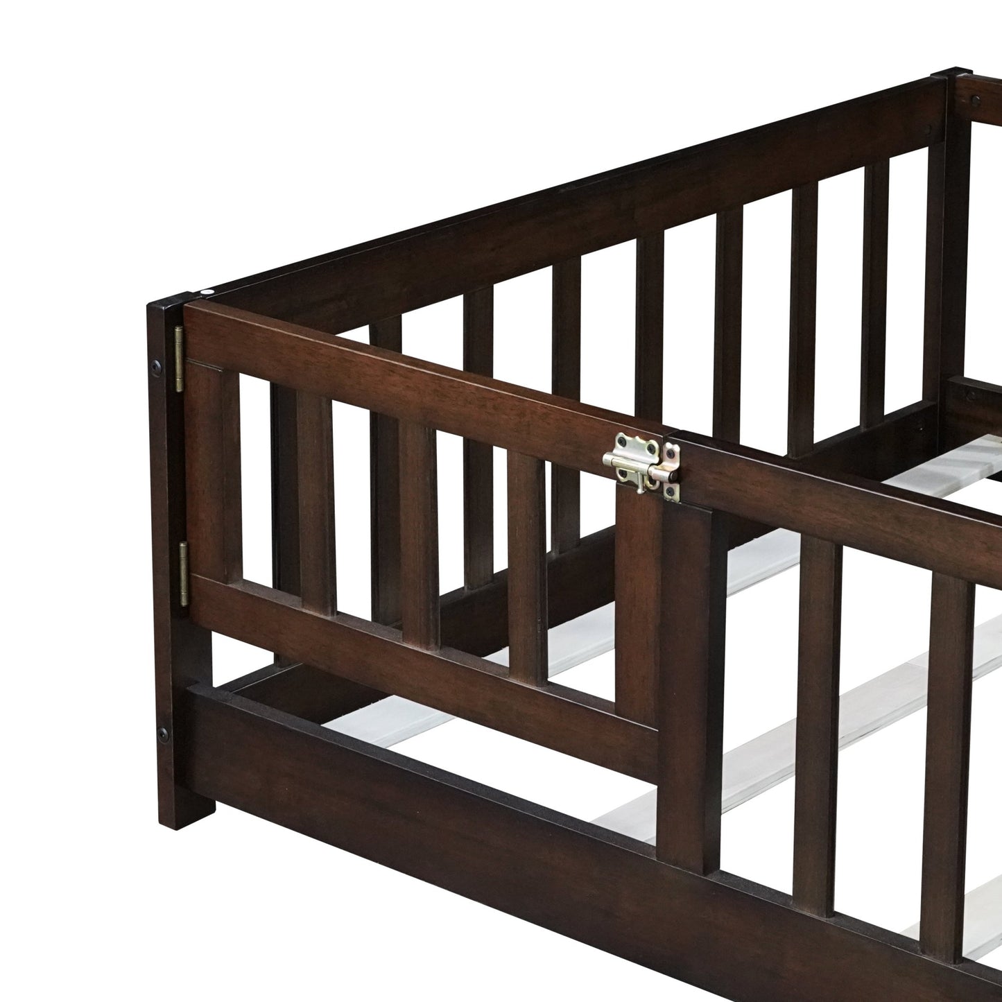 Twin Size Floor Bed with Fence and Door,Rubber Wood Floor Bed with Safety Guardrails,Espresso - 1st Choice Furniture Direct