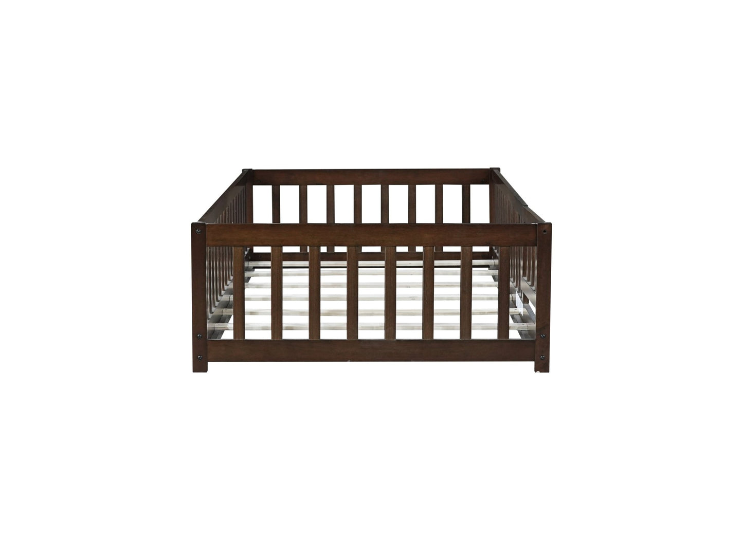 Twin Size Floor Bed with Fence and Door,Rubber Wood Floor Bed with Safety Guardrails,Espresso - 1st Choice Furniture Direct
