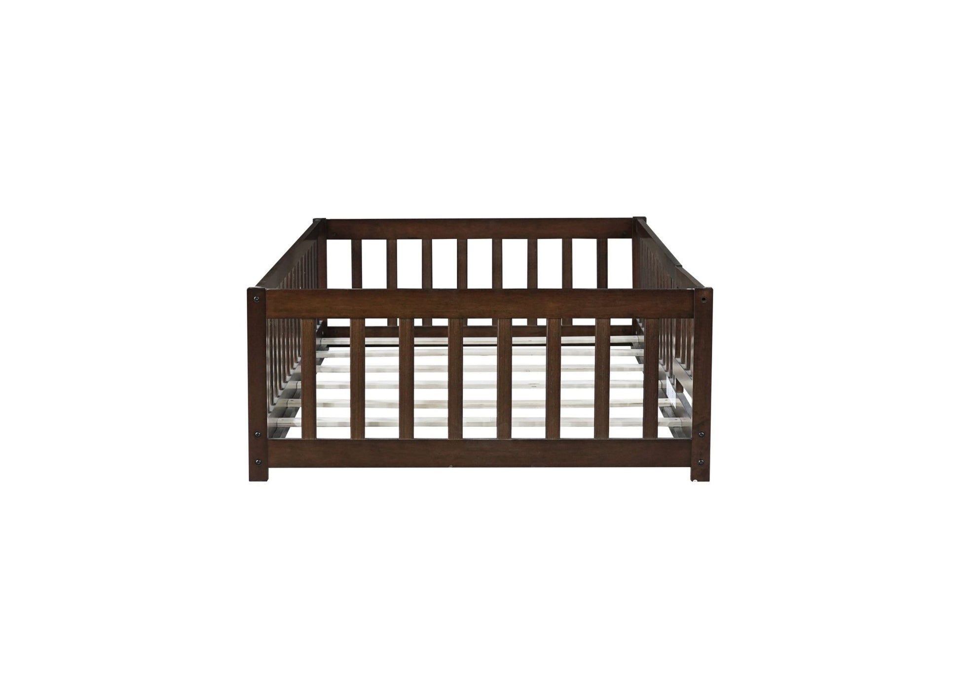 Twin Size Floor Bed with Fence and Door,Rubber Wood Floor Bed with Safety Guardrails,Espresso - 1st Choice Furniture Direct