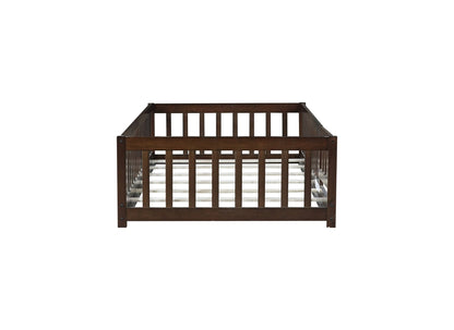 Twin Size Floor Bed with Fence and Door,Rubber Wood Floor Bed with Safety Guardrails,Espresso - 1st Choice Furniture Direct