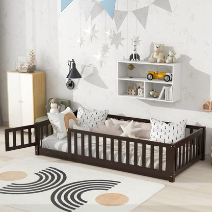 Twin Size Floor Bed with Fence and Door,Rubber Wood Floor Bed with Safety Guardrails,Espresso - 1st Choice Furniture Direct