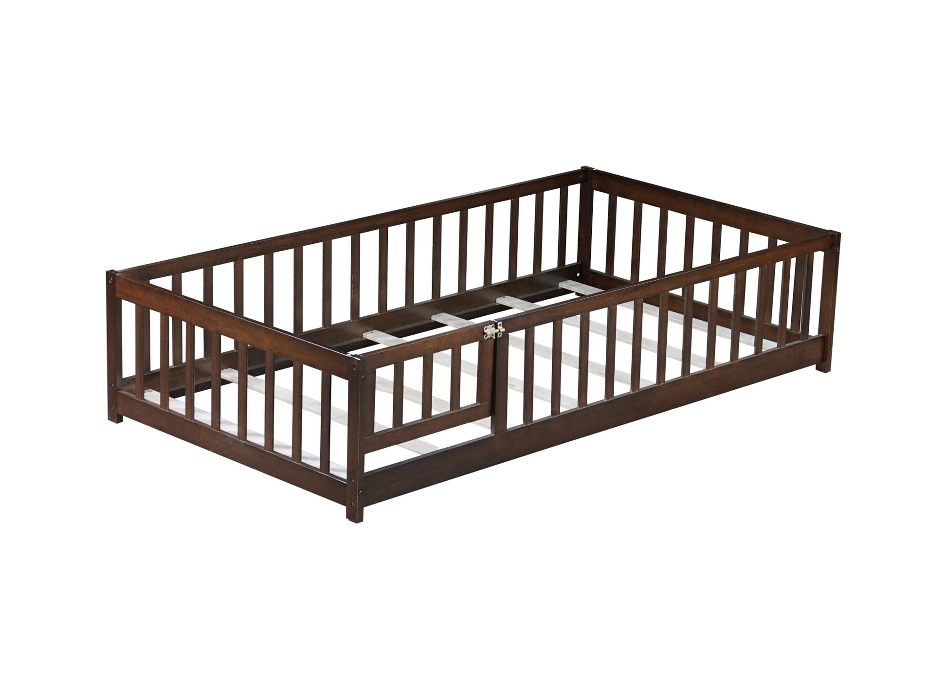 Twin Size Floor Bed with Fence and Door,Rubber Wood Floor Bed with Safety Guardrails,Espresso - 1st Choice Furniture Direct