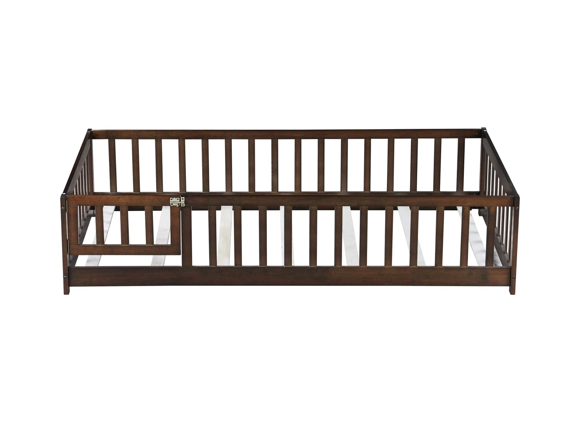 Twin Size Floor Bed with Fence and Door,Rubber Wood Floor Bed with Safety Guardrails,Espresso - 1st Choice Furniture Direct
