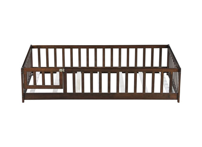 Twin Size Floor Bed with Fence and Door,Rubber Wood Floor Bed with Safety Guardrails,Espresso - 1st Choice Furniture Direct