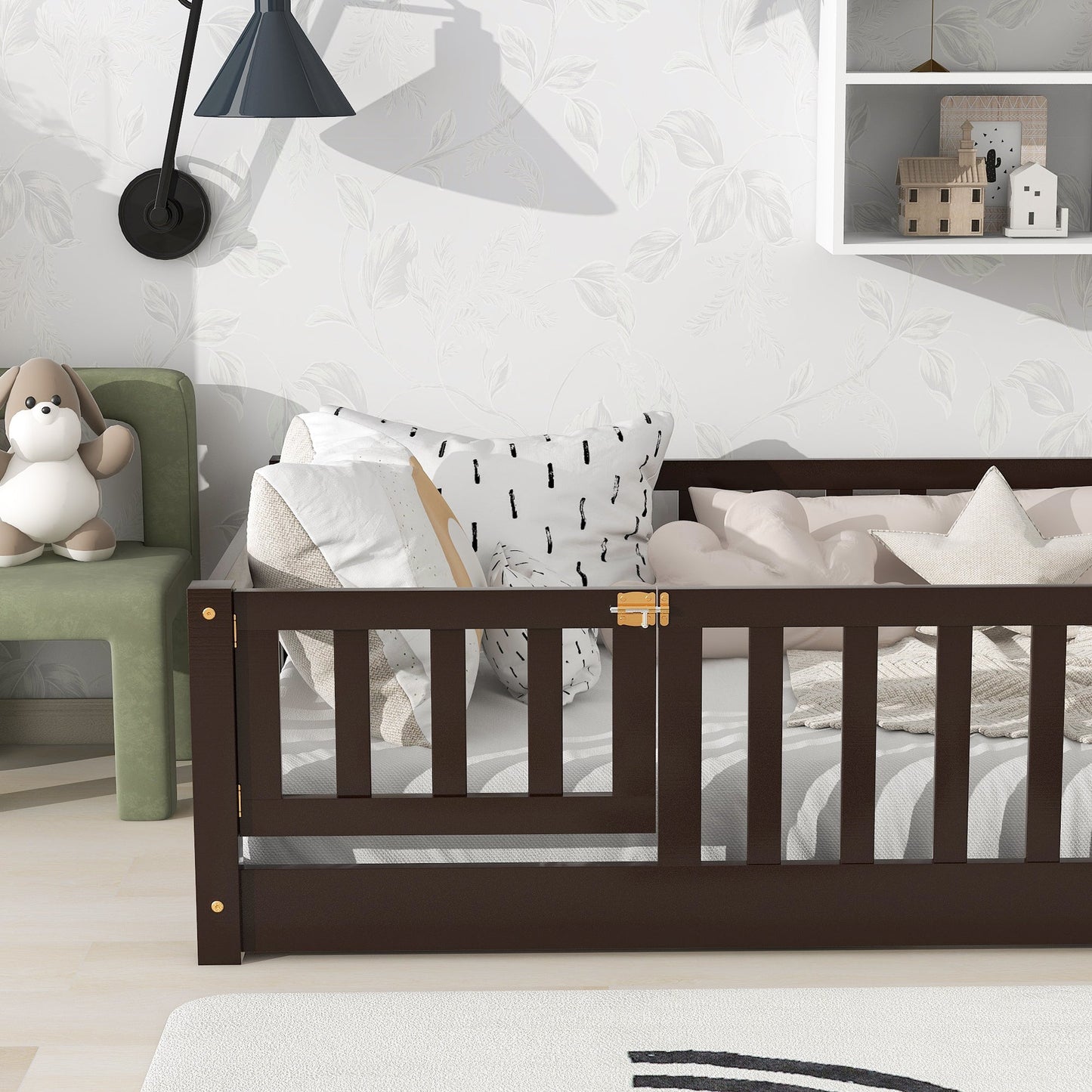 Twin Size Floor Bed with Fence and Door,Rubber Wood Floor Bed with Safety Guardrails,Espresso - 1st Choice Furniture Direct