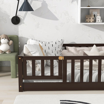 Twin Size Floor Bed with Fence and Door,Rubber Wood Floor Bed with Safety Guardrails,Espresso - 1st Choice Furniture Direct
