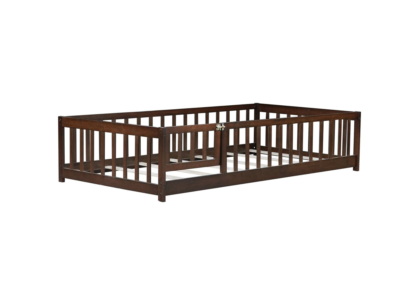 Twin Size Floor Bed with Fence and Door,Rubber Wood Floor Bed with Safety Guardrails,Espresso - 1st Choice Furniture Direct