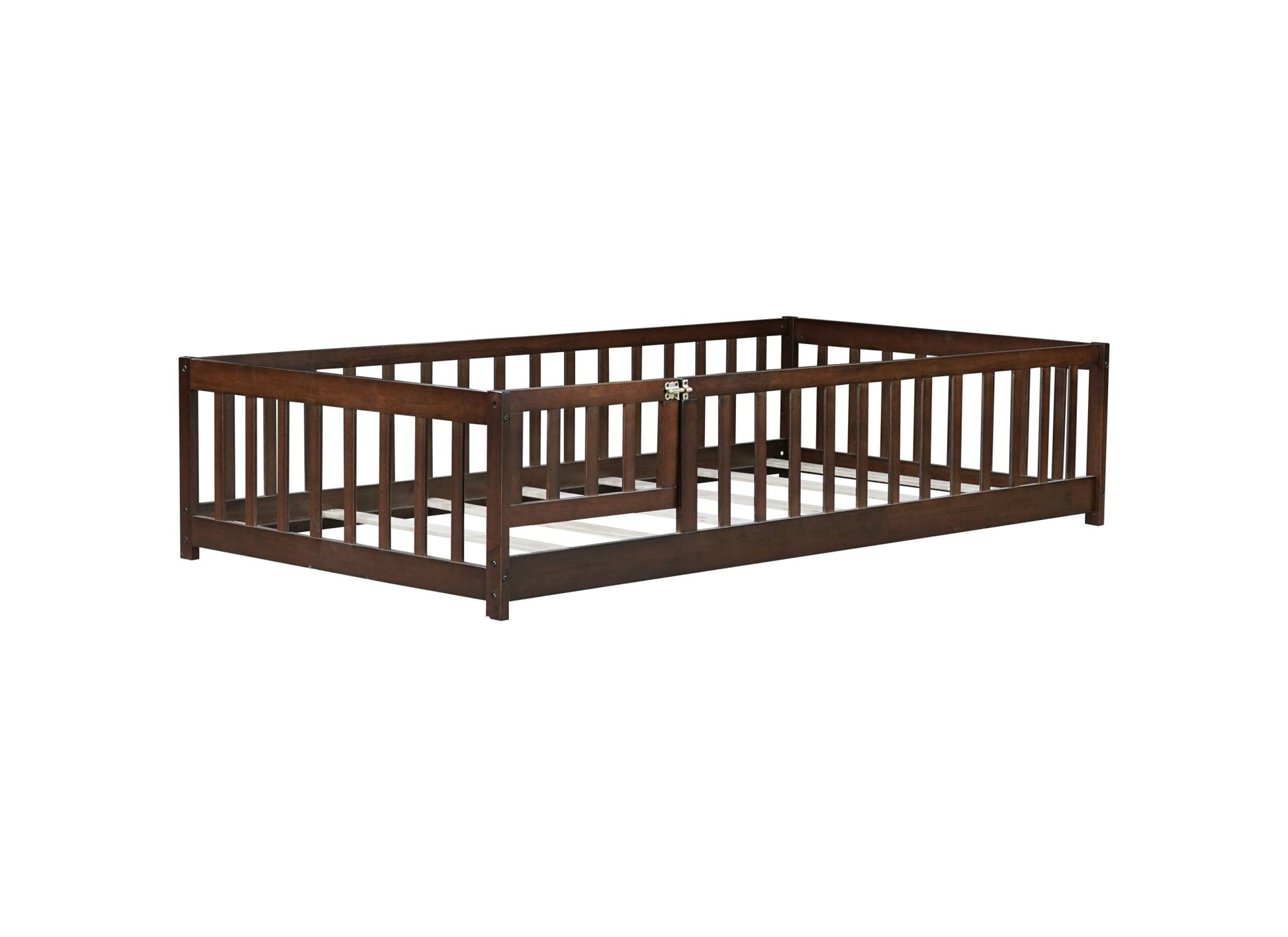 Twin Size Floor Bed with Fence and Door,Rubber Wood Floor Bed with Safety Guardrails,Espresso - 1st Choice Furniture Direct