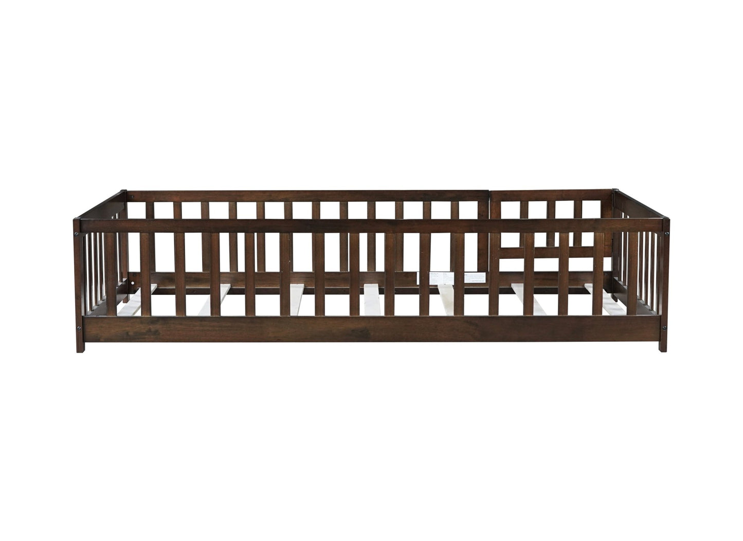 Twin Size Floor Bed with Fence and Door,Rubber Wood Floor Bed with Safety Guardrails,Espresso - 1st Choice Furniture Direct