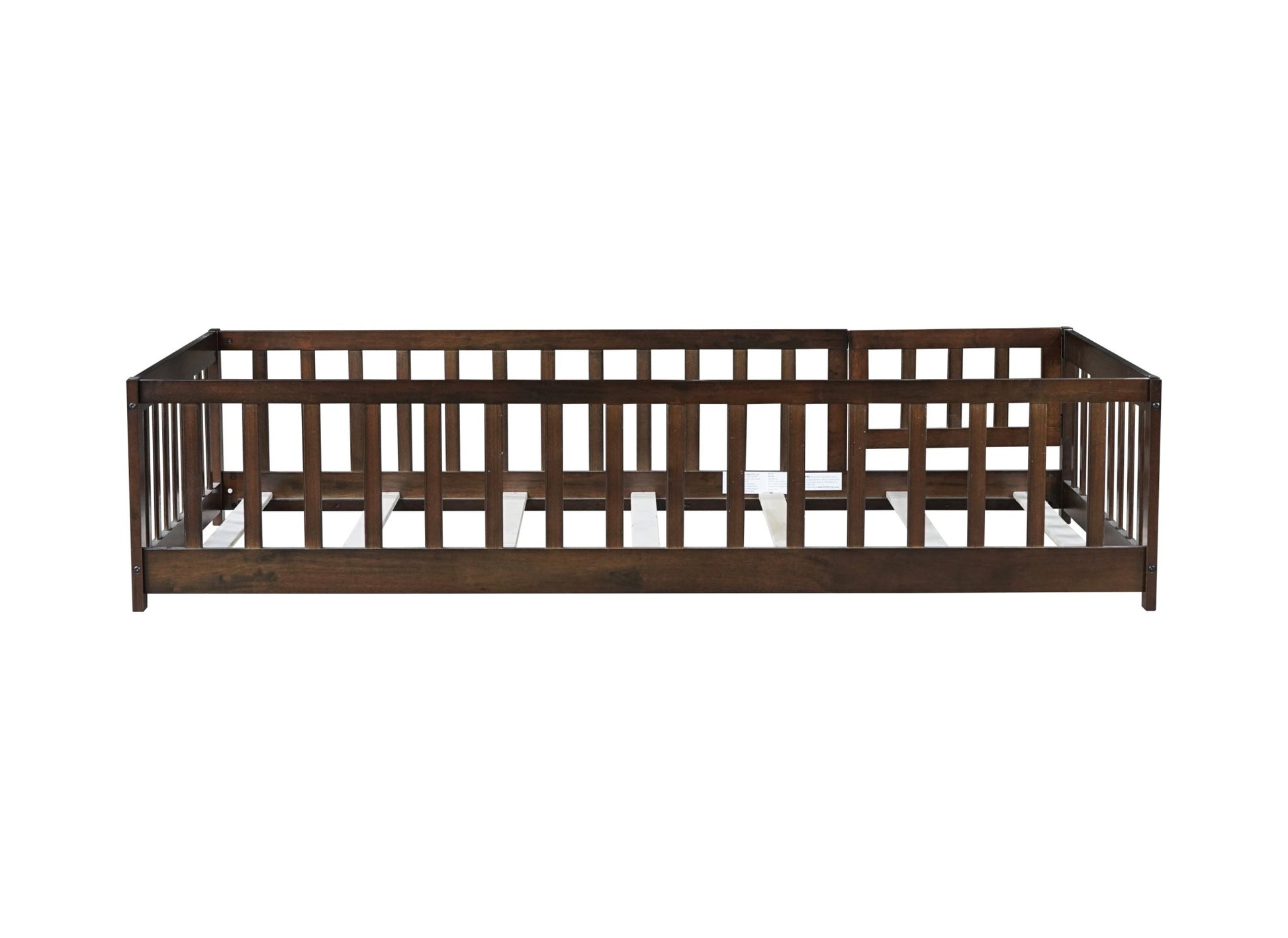 Twin Size Floor Bed with Fence and Door,Rubber Wood Floor Bed with Safety Guardrails,Espresso - 1st Choice Furniture Direct