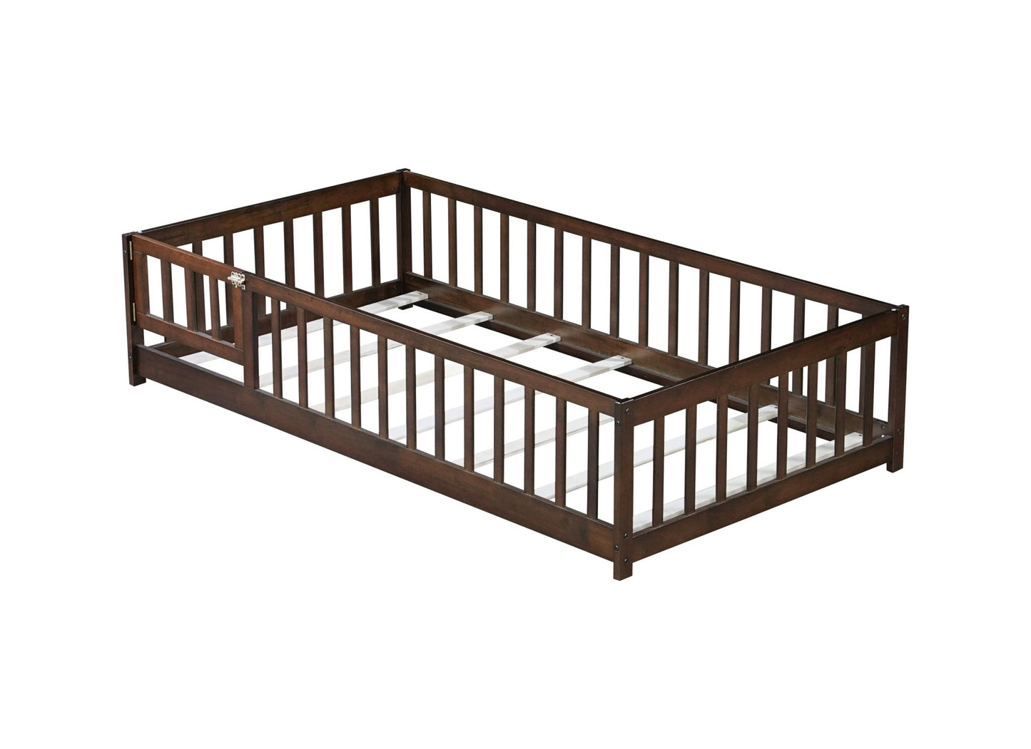 Twin Size Floor Bed with Fence and Door,Rubber Wood Floor Bed with Safety Guardrails,Espresso - 1st Choice Furniture Direct