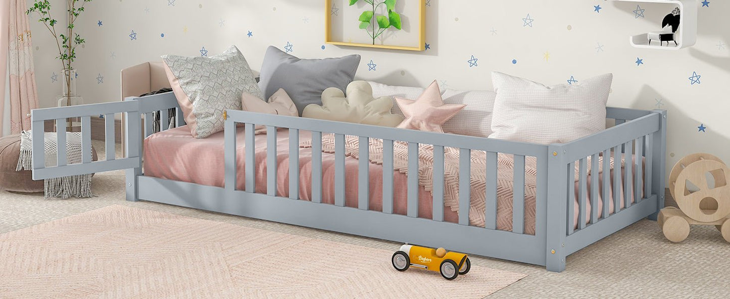 Twin Size Floor Bed with Fence and Door,Rubber Wood Floor Bed with Safety Guardrails,Grey - 1st Choice Furniture Direct