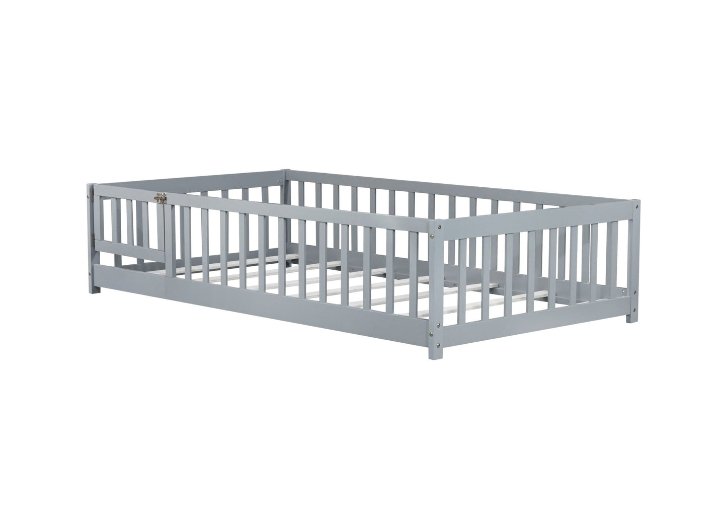 Twin Size Floor Bed with Fence and Door,Rubber Wood Floor Bed with Safety Guardrails,Grey - 1st Choice Furniture Direct