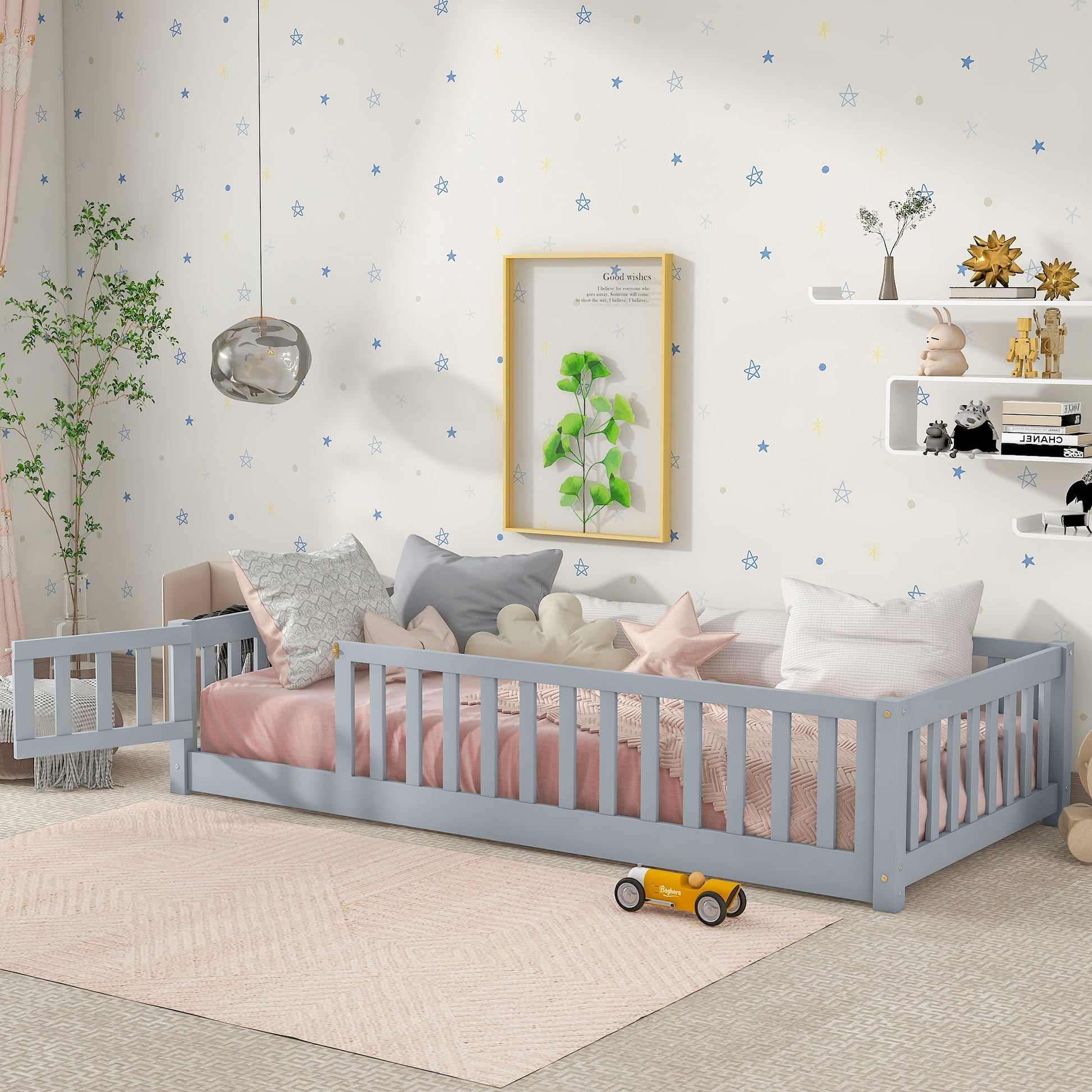 Twin Size Floor Bed with Fence and Door,Rubber Wood Floor Bed with Safety Guardrails,Grey - 1st Choice Furniture Direct