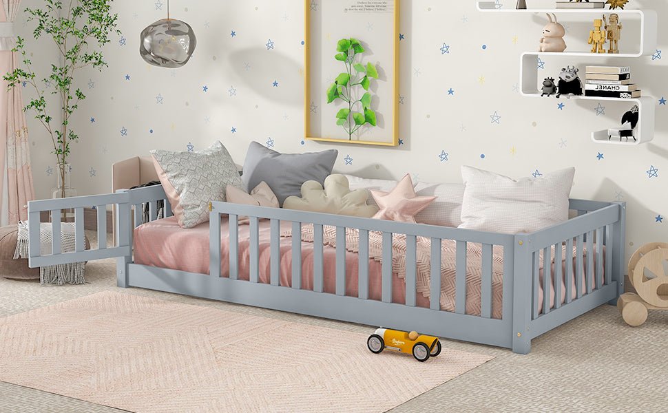 Twin Size Floor Bed with Fence and Door,Rubber Wood Floor Bed with Safety Guardrails,Grey - 1st Choice Furniture Direct