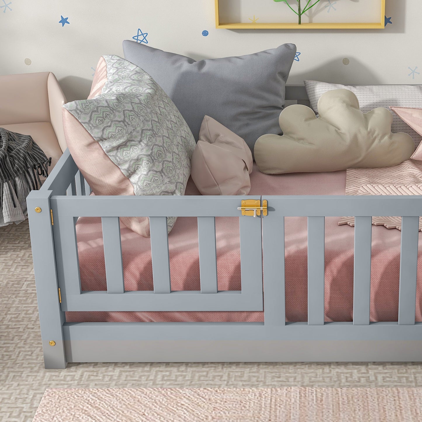 Twin Size Floor Bed with Fence and Door,Rubber Wood Floor Bed with Safety Guardrails,Grey - 1st Choice Furniture Direct