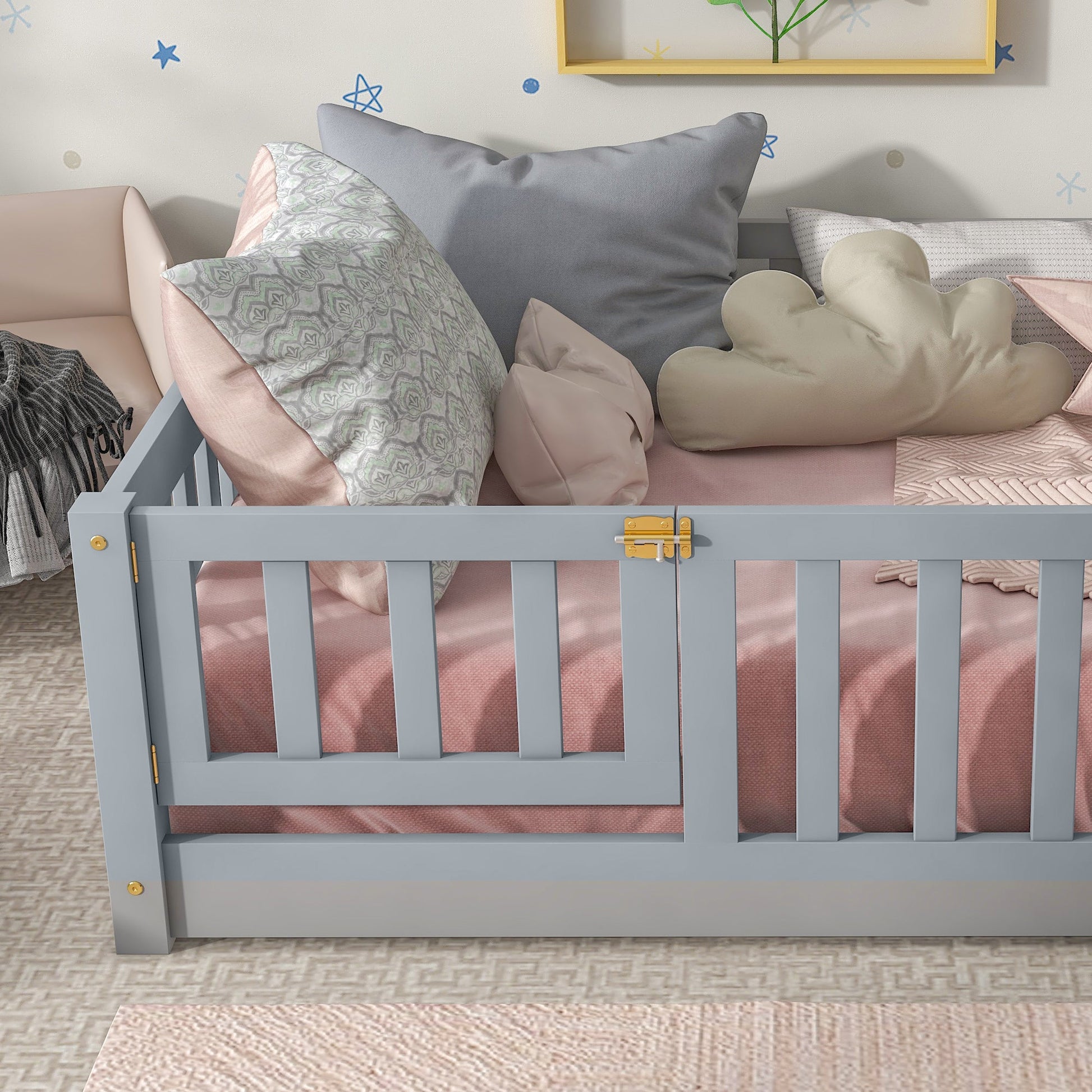 Twin Size Floor Bed with Fence and Door,Rubber Wood Floor Bed with Safety Guardrails,Grey - 1st Choice Furniture Direct
