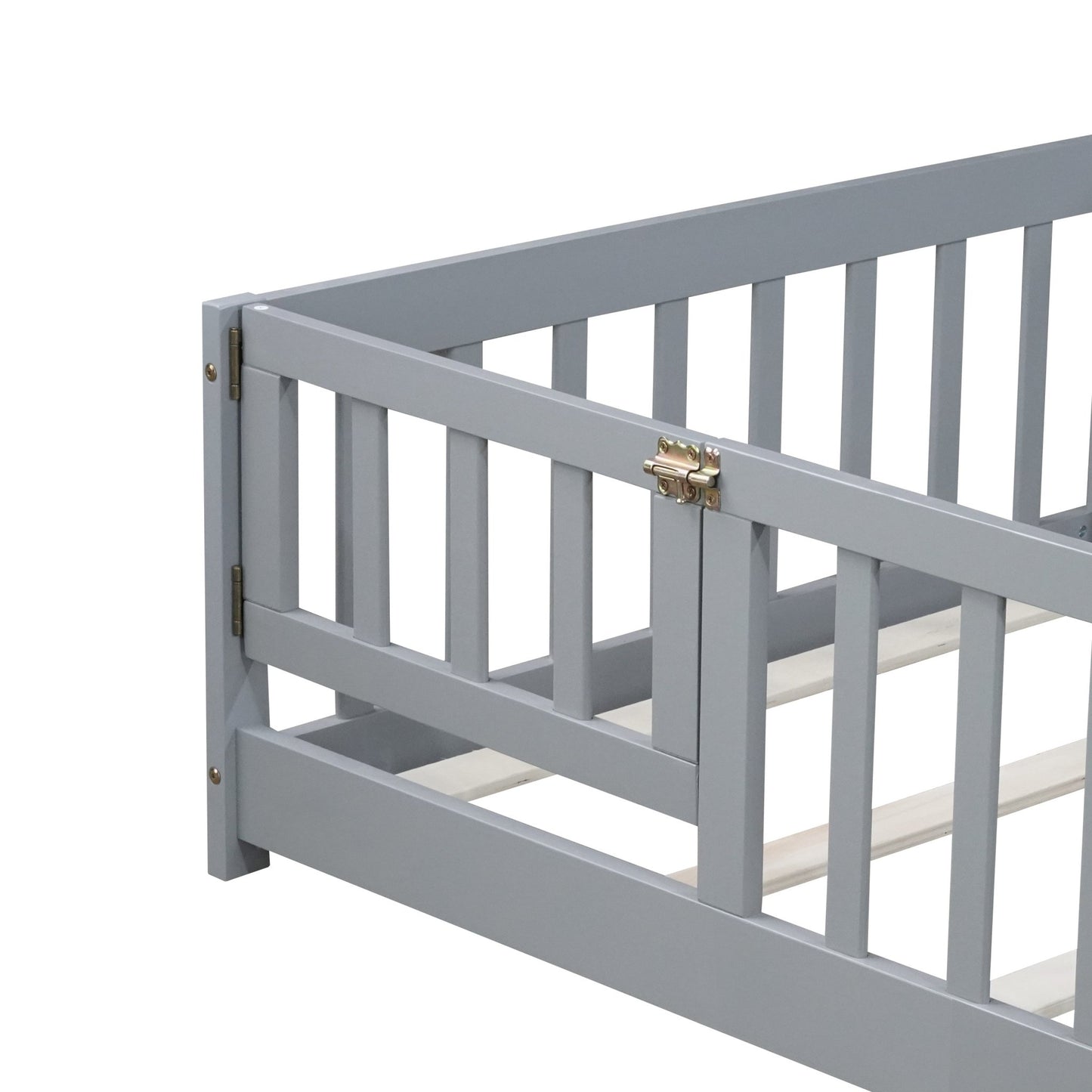 Twin Size Floor Bed with Fence and Door,Rubber Wood Floor Bed with Safety Guardrails,Grey - 1st Choice Furniture Direct