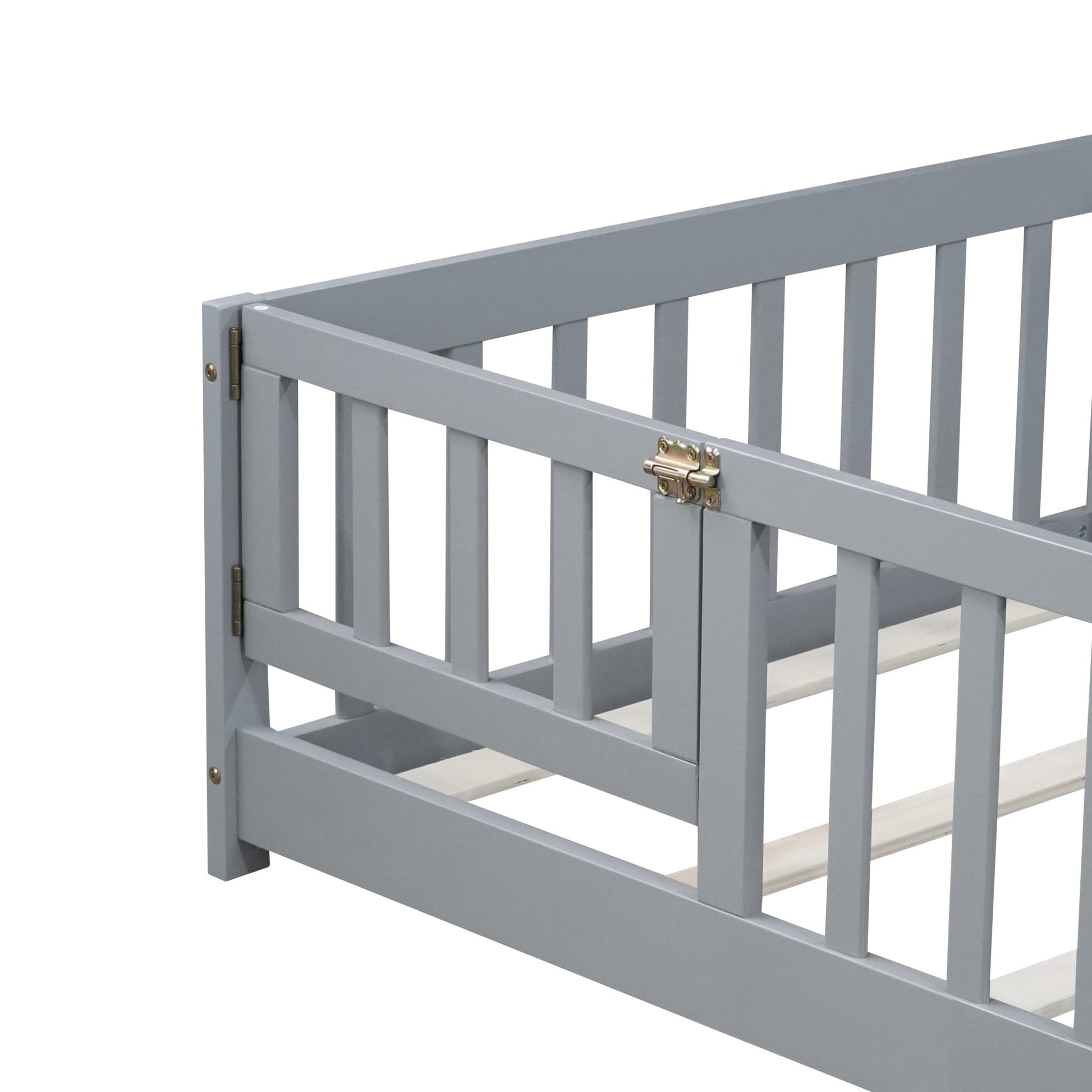 Twin Size Floor Bed with Fence and Door,Rubber Wood Floor Bed with Safety Guardrails,Grey - 1st Choice Furniture Direct