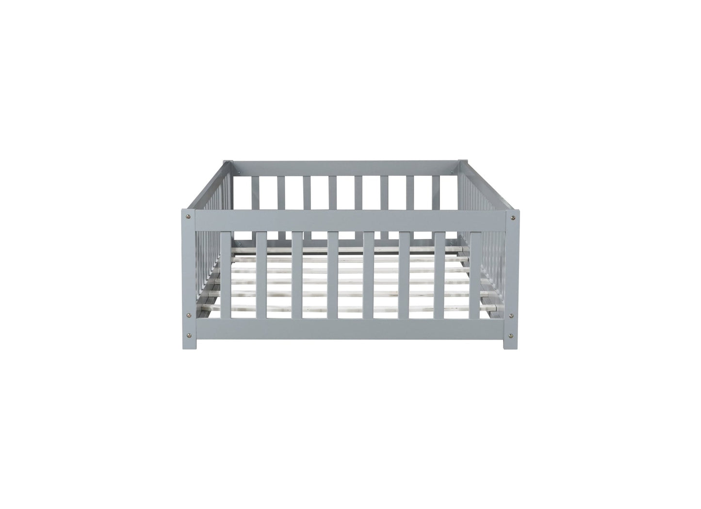 Twin Size Floor Bed with Fence and Door,Rubber Wood Floor Bed with Safety Guardrails,Grey - 1st Choice Furniture Direct