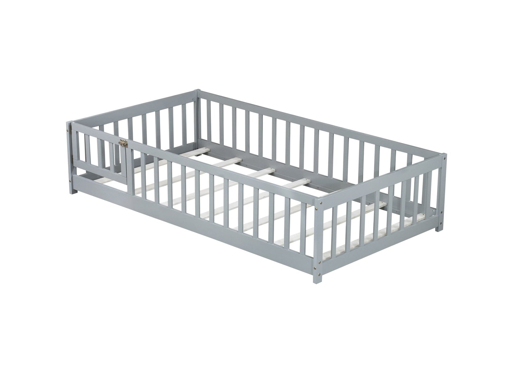 Twin Size Floor Bed with Fence and Door,Rubber Wood Floor Bed with Safety Guardrails,Grey - 1st Choice Furniture Direct