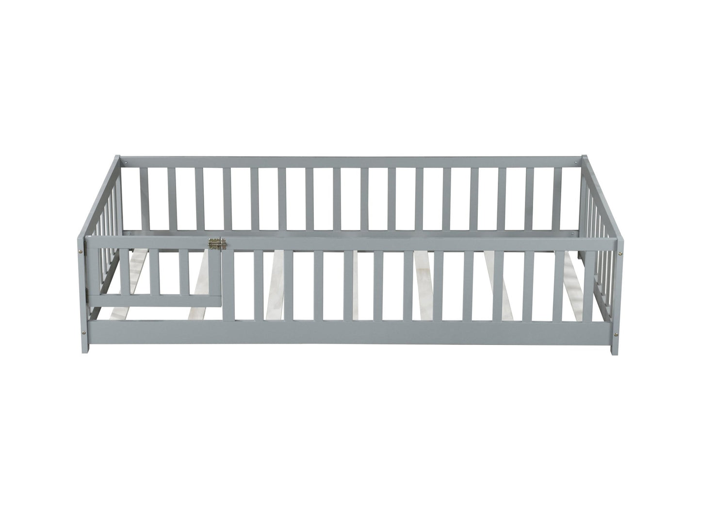 Twin Size Floor Bed with Fence and Door,Rubber Wood Floor Bed with Safety Guardrails,Grey - 1st Choice Furniture Direct