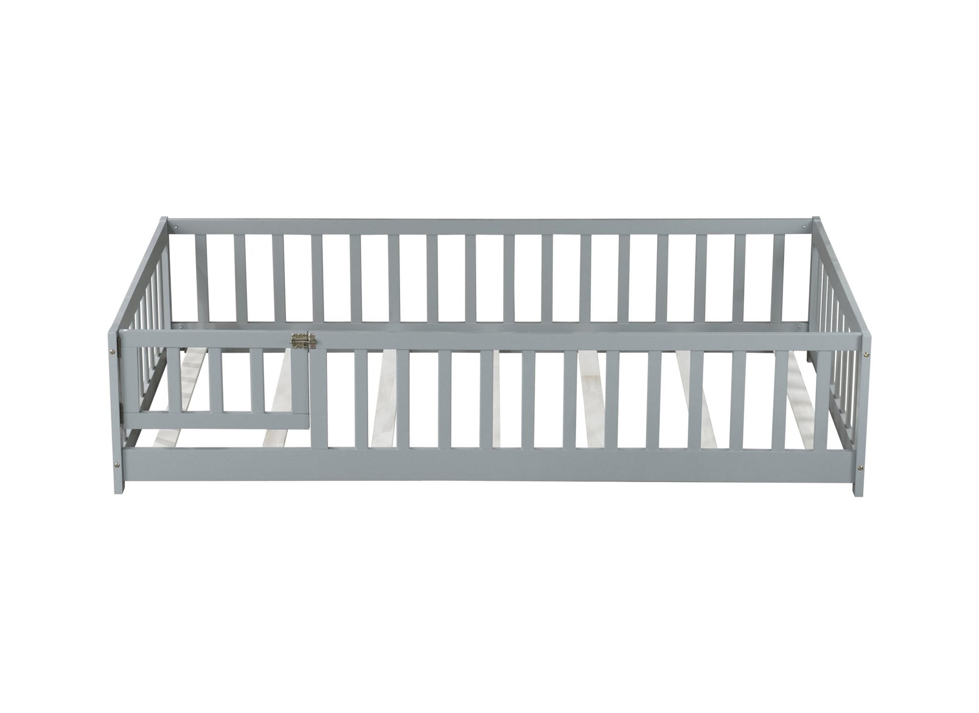 Twin Size Floor Bed with Fence and Door,Rubber Wood Floor Bed with Safety Guardrails,Grey - 1st Choice Furniture Direct
