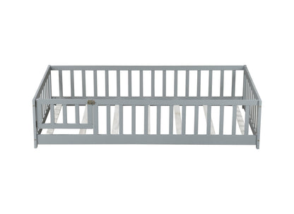 Twin Size Floor Bed with Fence and Door,Rubber Wood Floor Bed with Safety Guardrails,Grey - 1st Choice Furniture Direct
