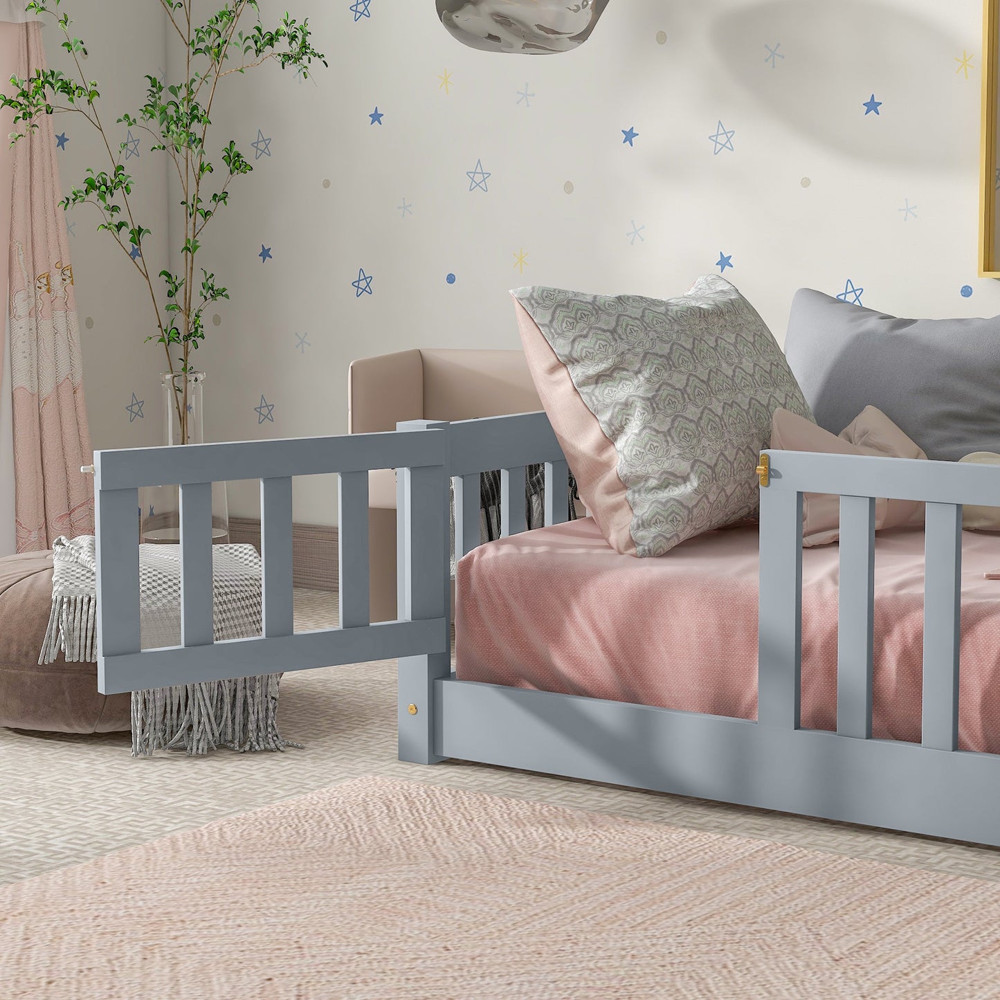 Twin Size Floor Bed with Fence and Door,Rubber Wood Floor Bed with Safety Guardrails,Grey - 1st Choice Furniture Direct