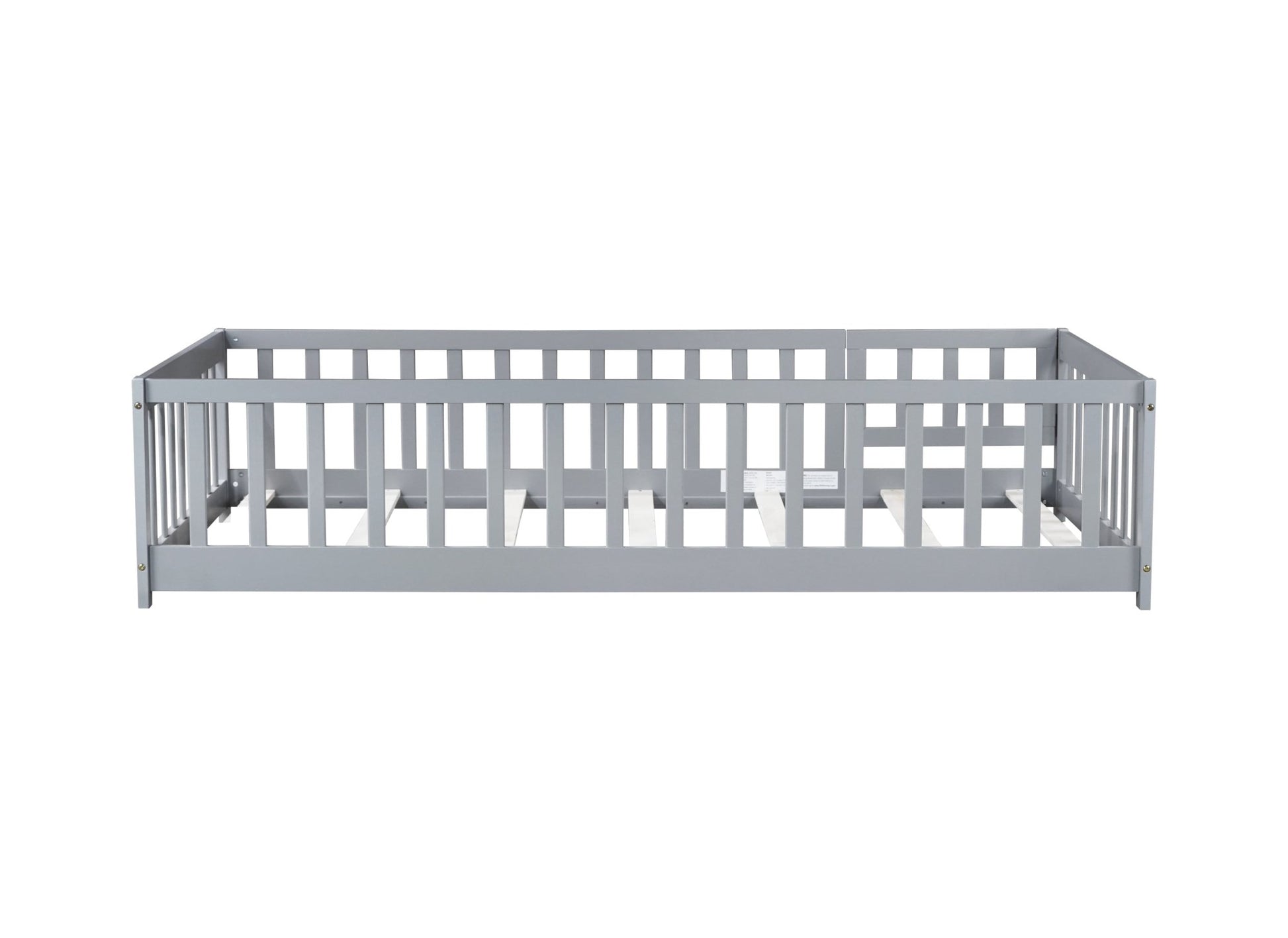 Twin Size Floor Bed with Fence and Door,Rubber Wood Floor Bed with Safety Guardrails,Grey - 1st Choice Furniture Direct