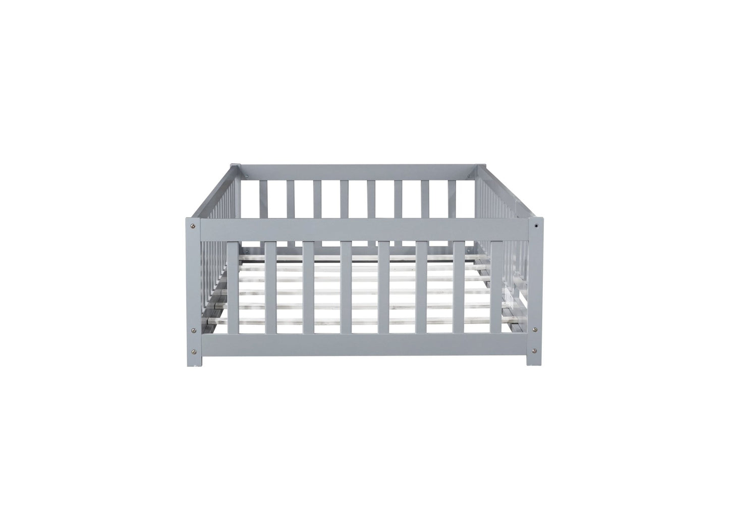 Twin Size Floor Bed with Fence and Door,Rubber Wood Floor Bed with Safety Guardrails,Grey - 1st Choice Furniture Direct