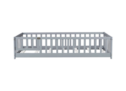 Twin Size Floor Bed with Fence and Door,Rubber Wood Floor Bed with Safety Guardrails,Grey - 1st Choice Furniture Direct