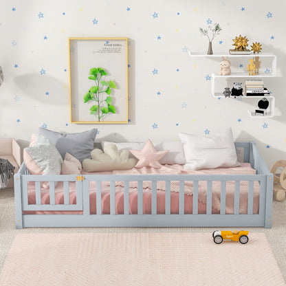 Twin Size Floor Bed with Fence and Door,Rubber Wood Floor Bed with Safety Guardrails,Grey - 1st Choice Furniture Direct