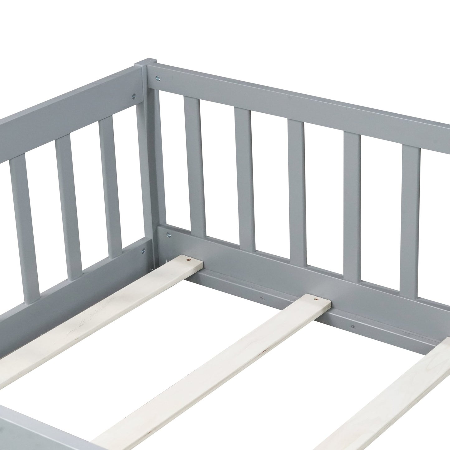 Twin Size Floor Bed with Fence and Door,Rubber Wood Floor Bed with Safety Guardrails,Grey - 1st Choice Furniture Direct