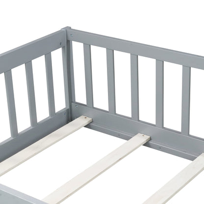 Twin Size Floor Bed with Fence and Door,Rubber Wood Floor Bed with Safety Guardrails,Grey - 1st Choice Furniture Direct