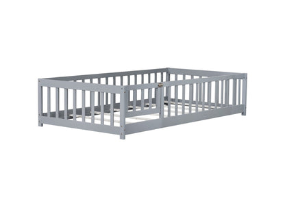 Twin Size Floor Bed with Fence and Door,Rubber Wood Floor Bed with Safety Guardrails,Grey - 1st Choice Furniture Direct