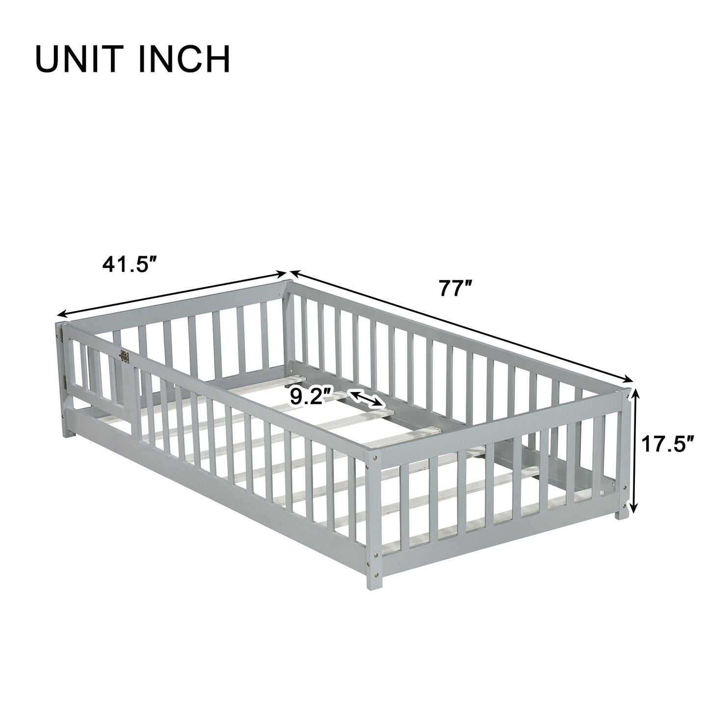 Twin Size Floor Bed with Fence and Door,Rubber Wood Floor Bed with Safety Guardrails,Grey - 1st Choice Furniture Direct