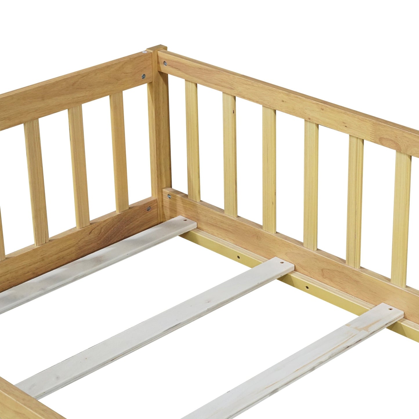 Twin Size Floor Bed with Fence and Door,Rubber Wood Floor Bed with Safety Guardrails,Natural - 1st Choice Furniture Direct
