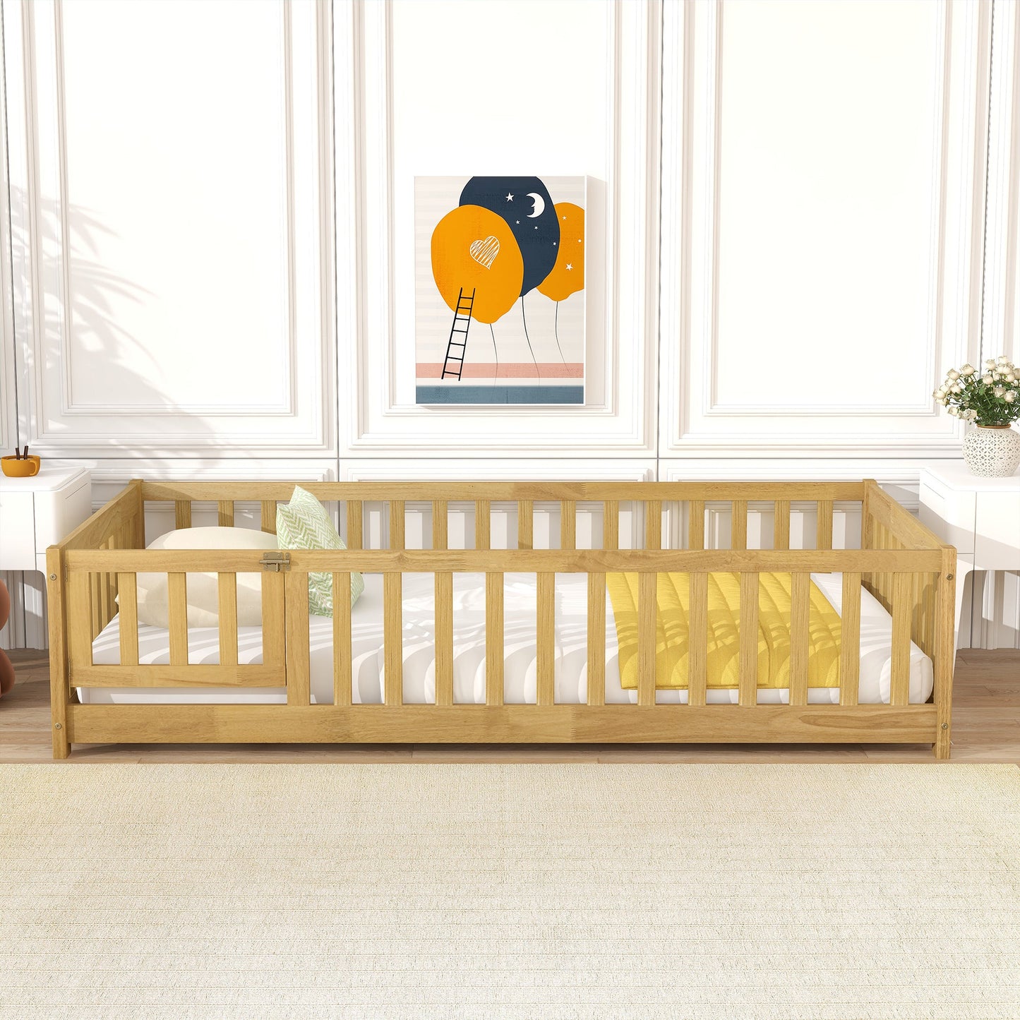 Twin Size Floor Bed with Fence and Door,Rubber Wood Floor Bed with Safety Guardrails,Natural - 1st Choice Furniture Direct