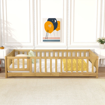 Twin Size Floor Bed with Fence and Door,Rubber Wood Floor Bed with Safety Guardrails,Natural - 1st Choice Furniture Direct