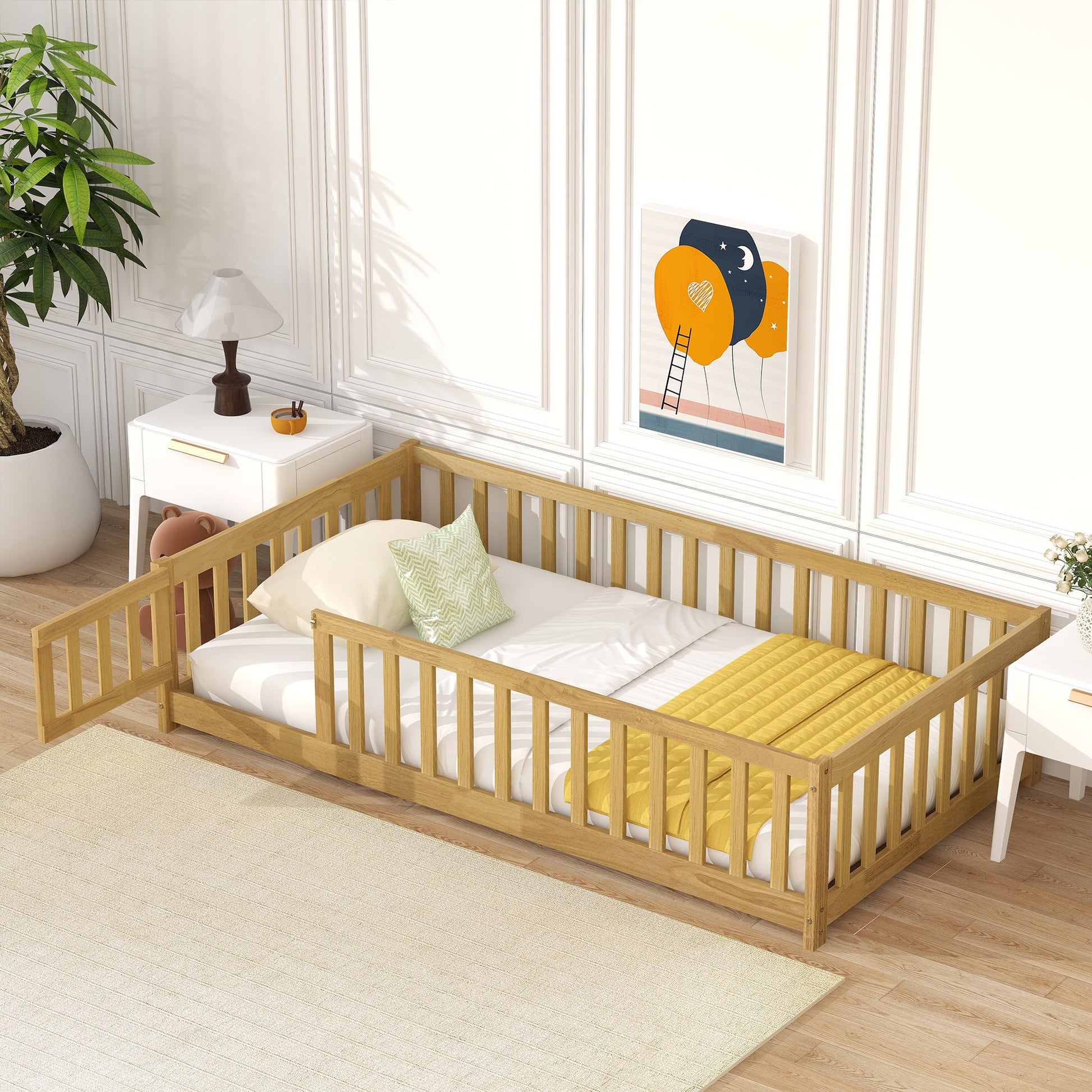 Twin Size Floor Bed with Fence and Door,Rubber Wood Floor Bed with Safety Guardrails,Natural - 1st Choice Furniture Direct