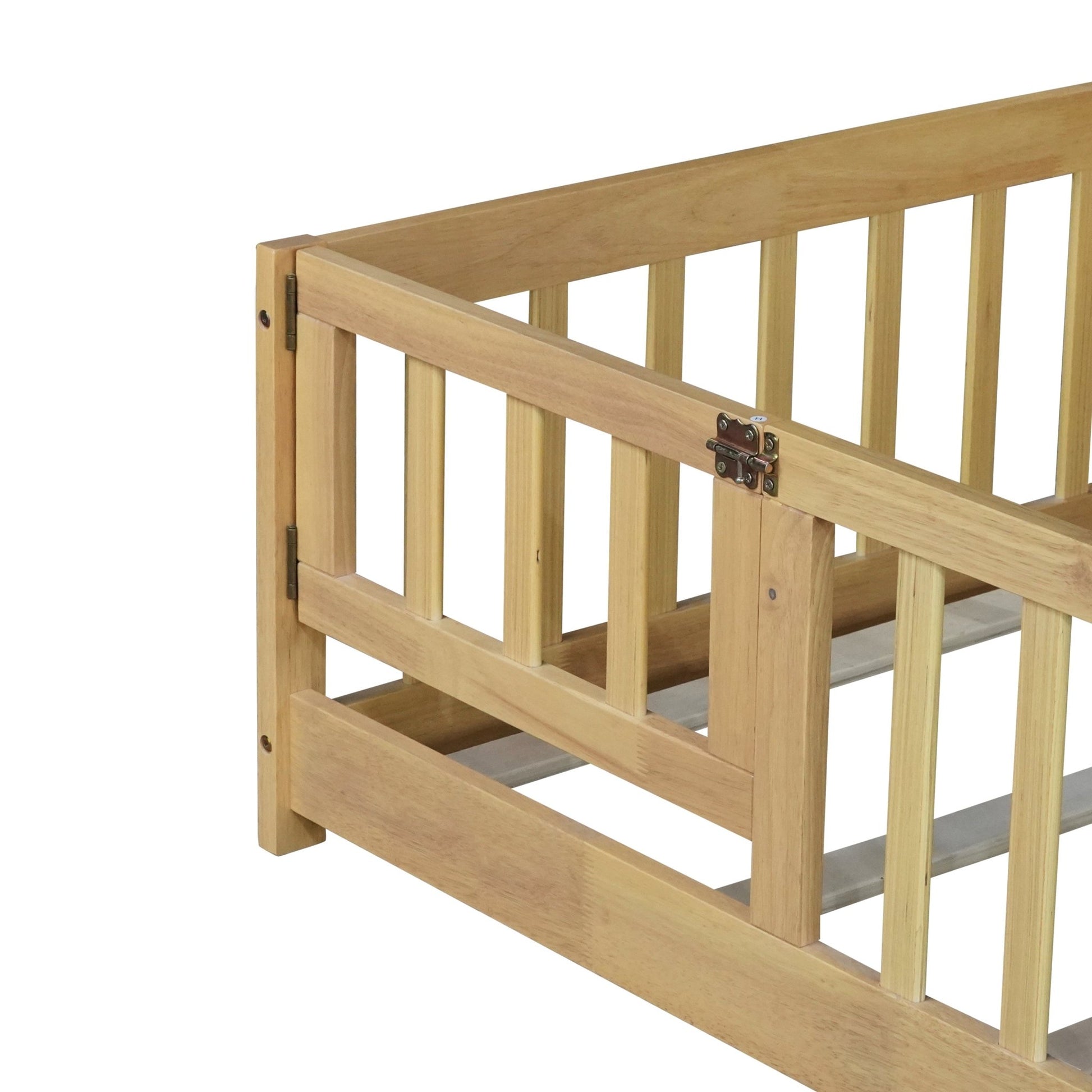 Twin Size Floor Bed with Fence and Door,Rubber Wood Floor Bed with Safety Guardrails,Natural - 1st Choice Furniture Direct