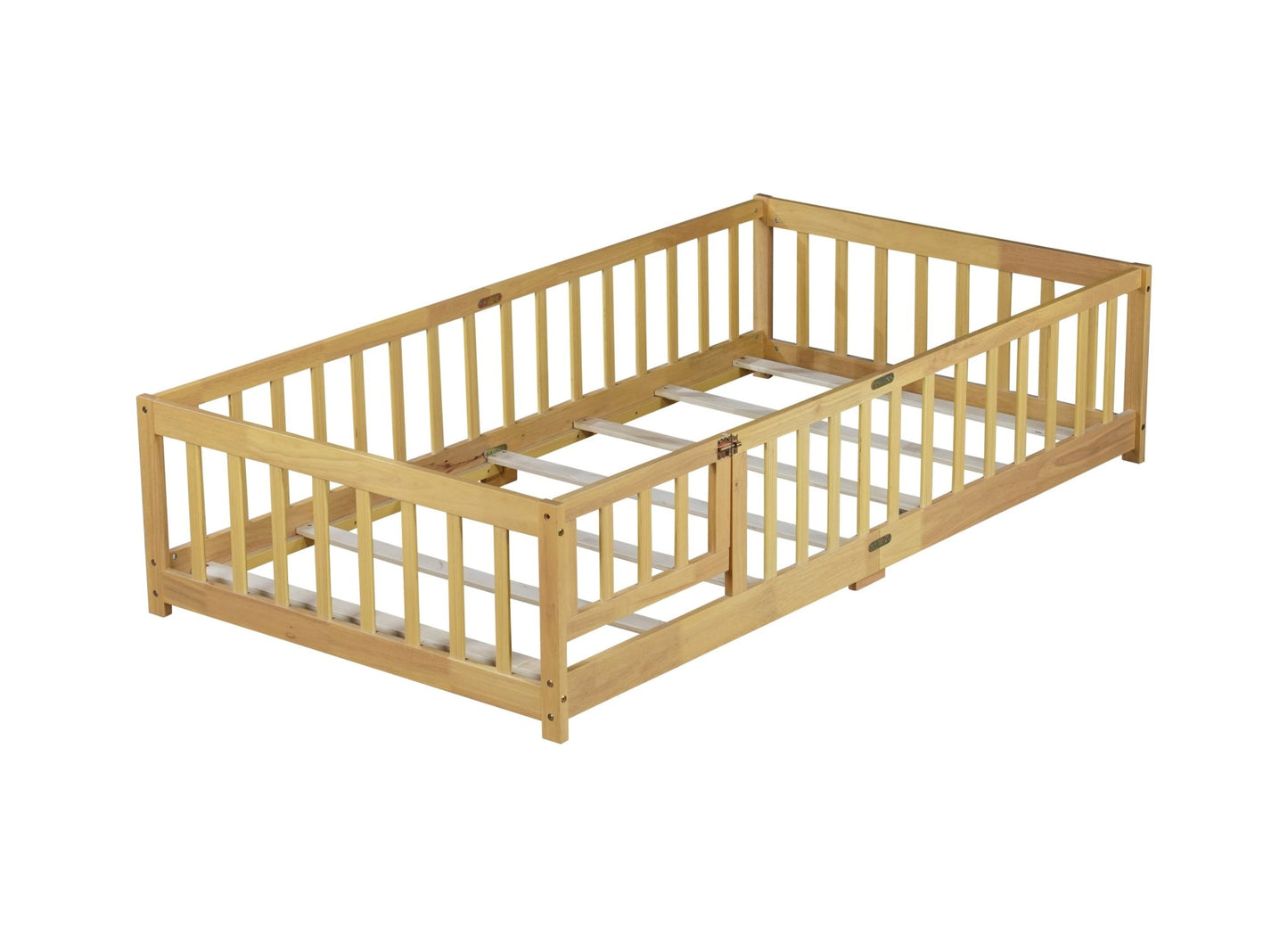 Twin Size Floor Bed with Fence and Door,Rubber Wood Floor Bed with Safety Guardrails,Natural - 1st Choice Furniture Direct